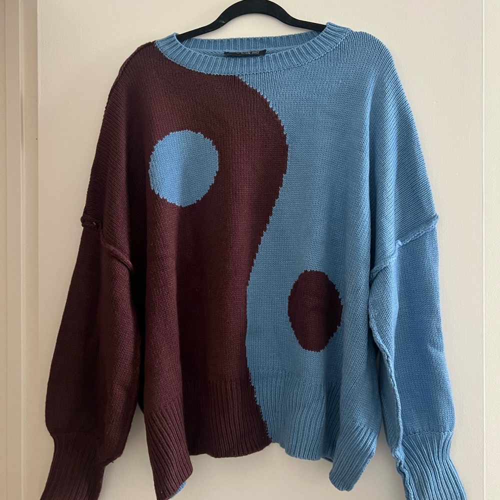 Dressed in LALA Yin Yang Sweater in Blue and Brown